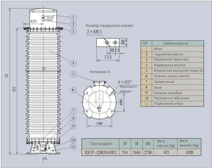 JDCF-220(GY)(TA,TH)(W,W2,W3) Масляний електромагнітний трансформатор напруги 220 kV